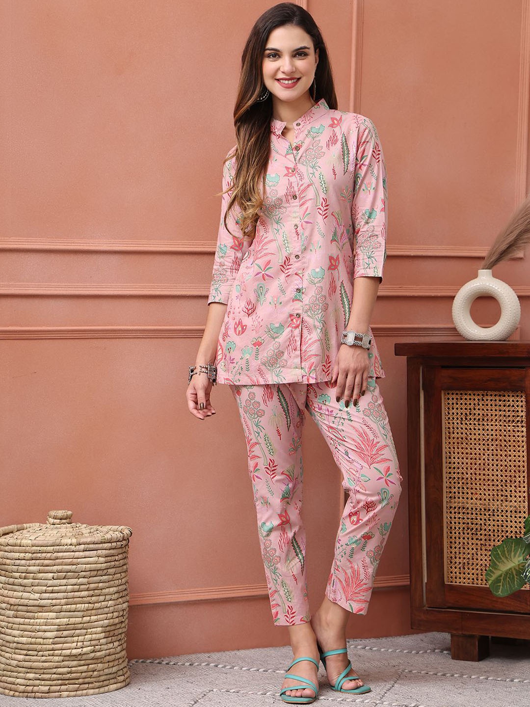 

Claura Printed Pure Cotton Tunic With Trouser, Pink