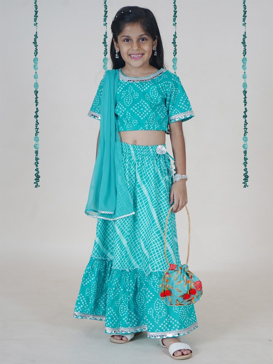 

KiddoPanti Girls Bandhani Printed Ready to Wear Lehenga & Blouse With Dupatta, Turquoise blue