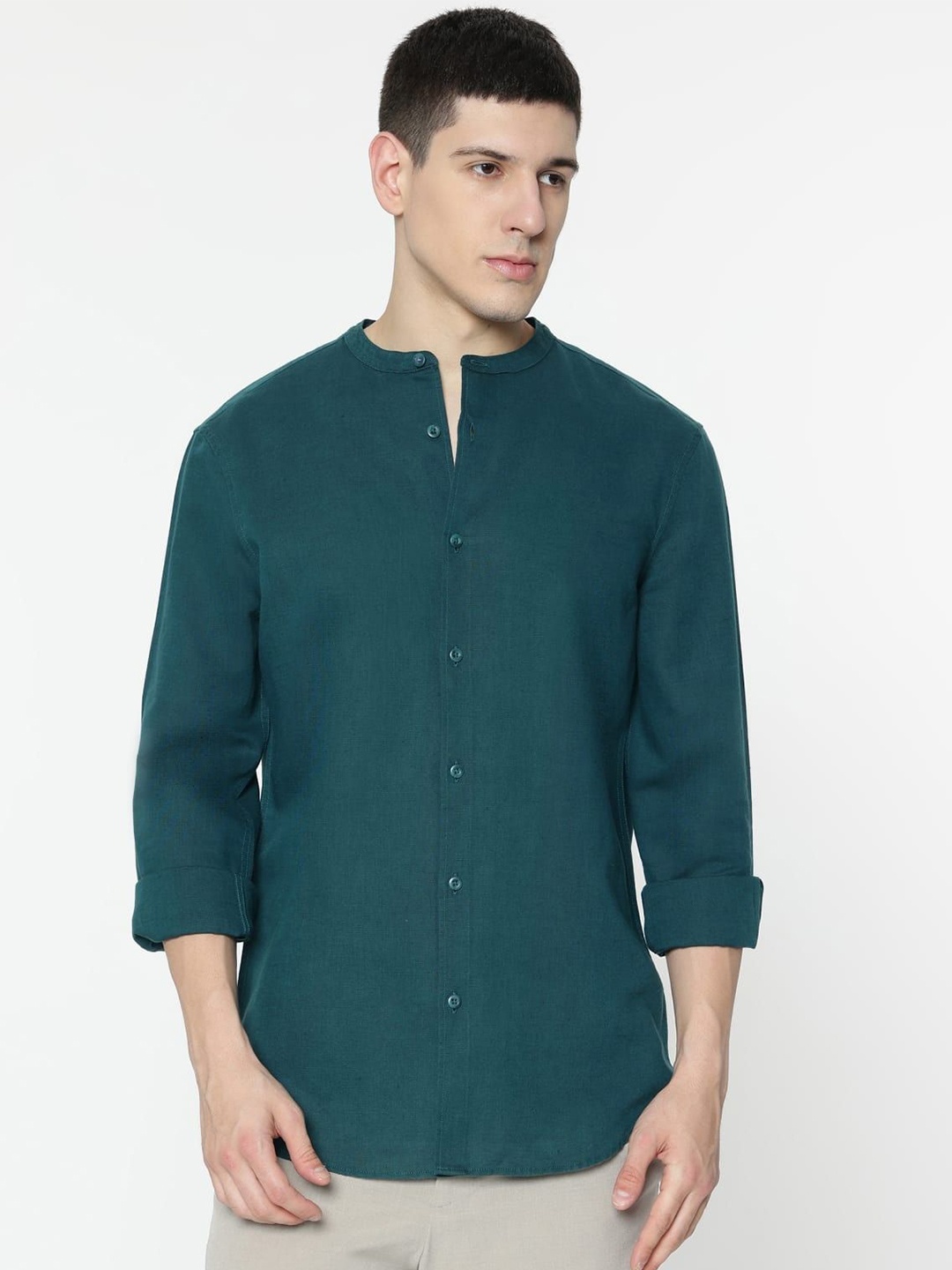 

Marks & Spencer Men Mandarin Collar Solid Linen Casual Shirt, Green