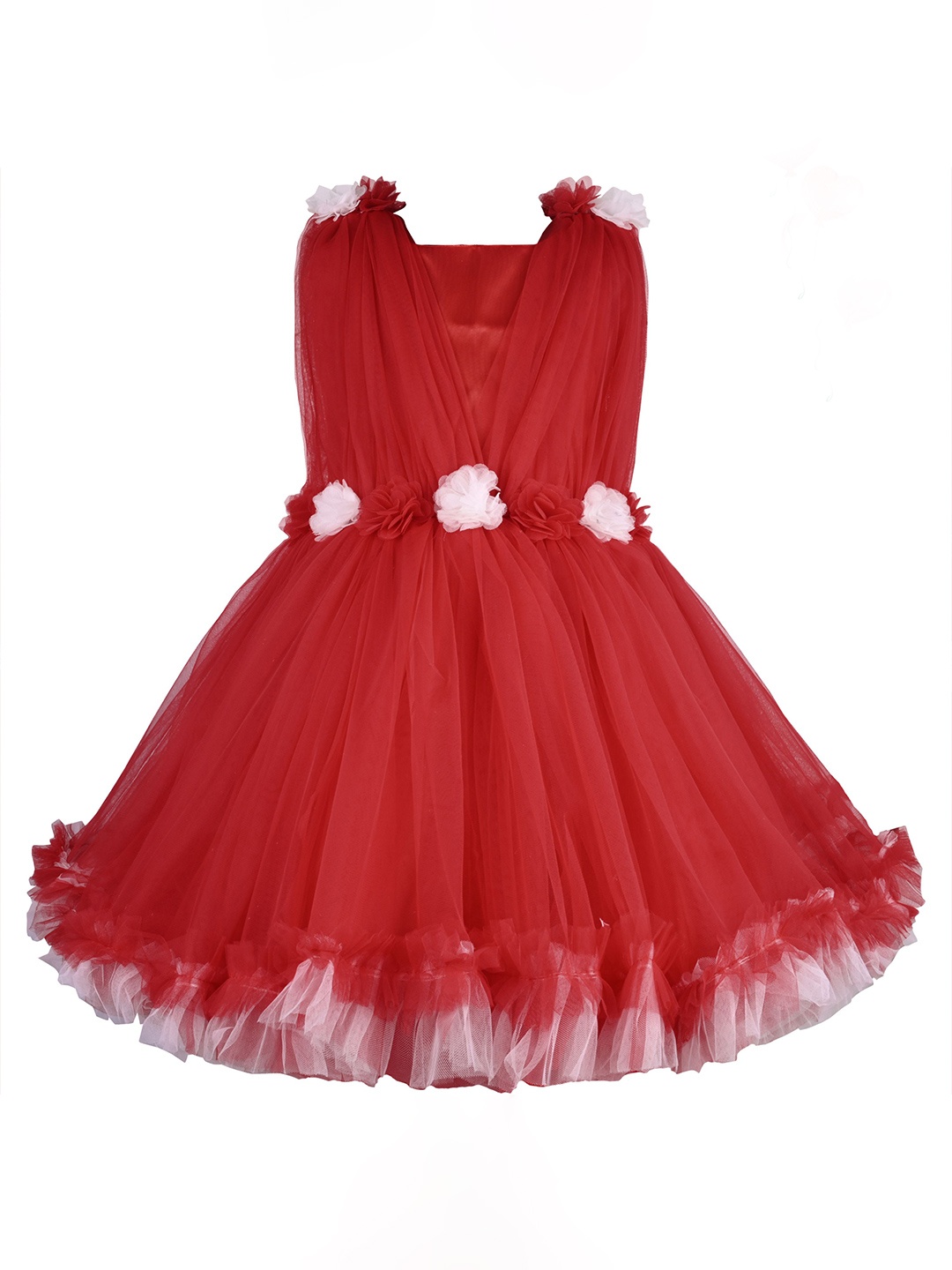 

Wish Karo Girls Net Floral Applique Fit & Flare Dress, Red