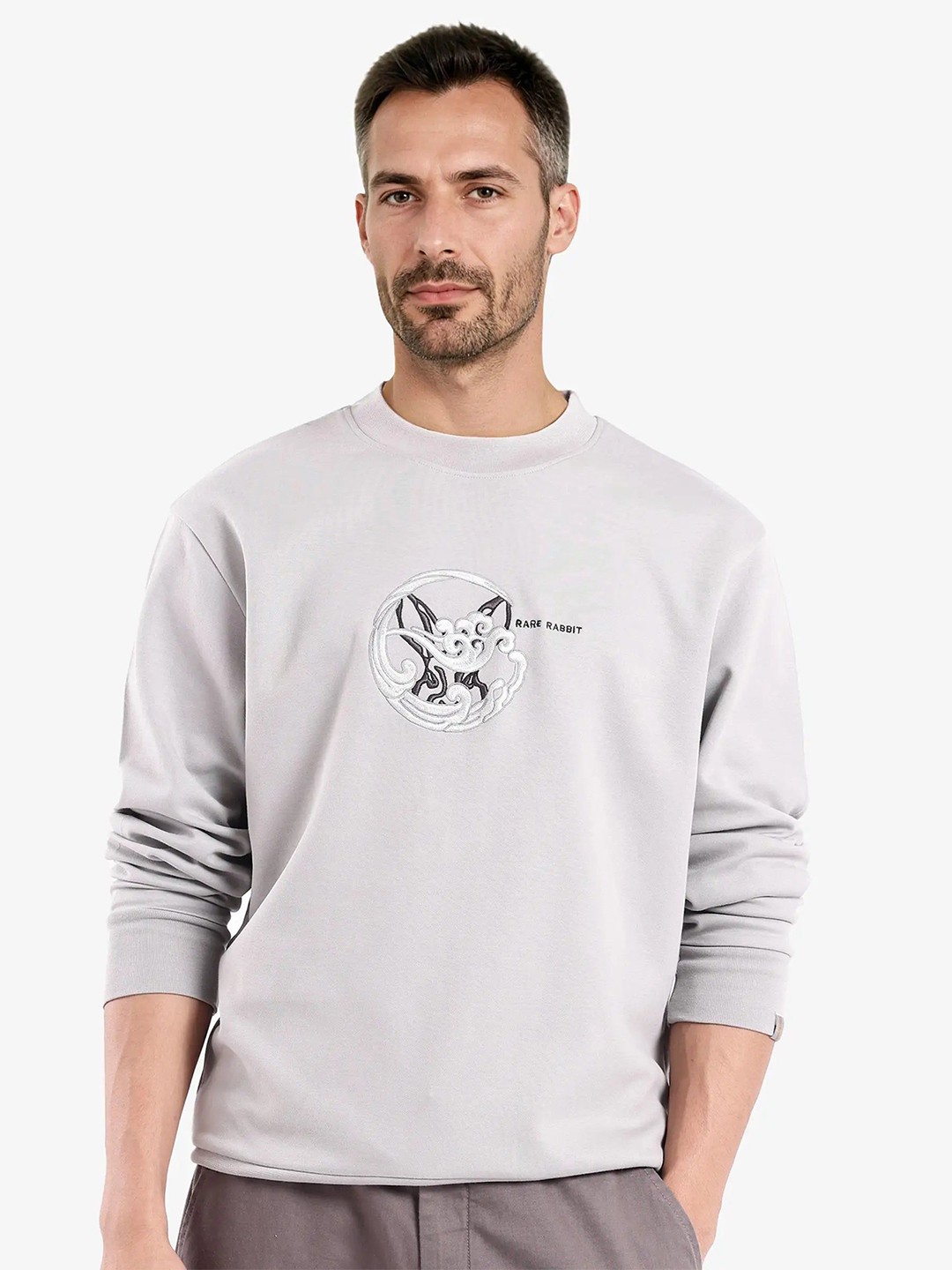 

RARE RABBIT Self Design Embroidered Men Sweatshirt, Grey