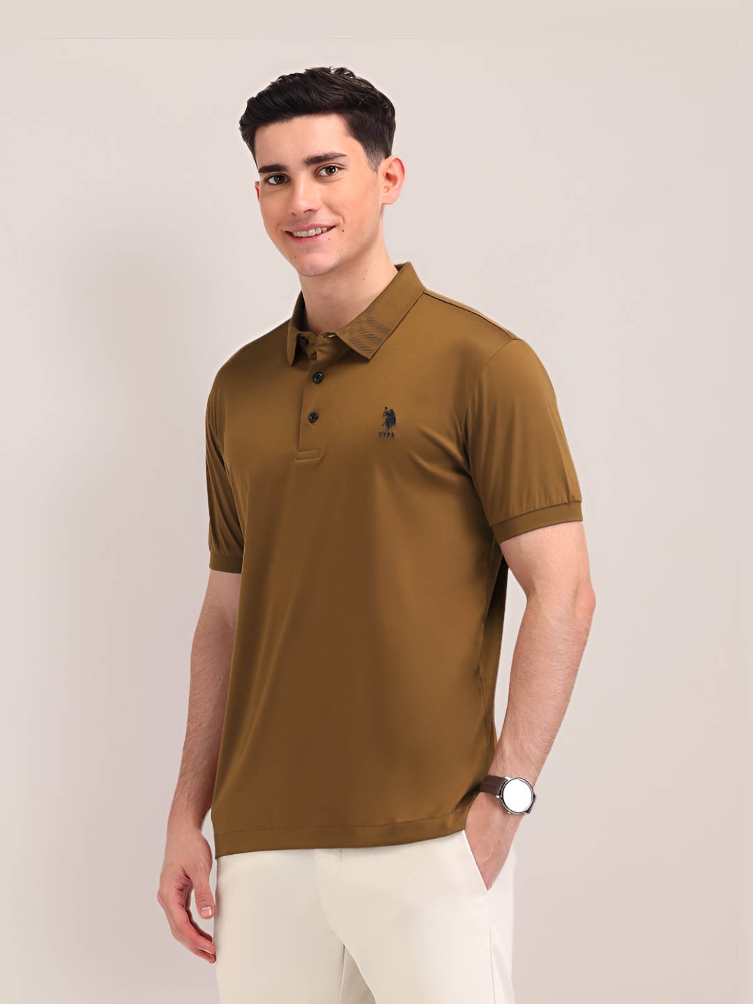 

U.S. Polo Assn. Men Solid Polo Collar Cotton Slim Fit T-shirt, Brown