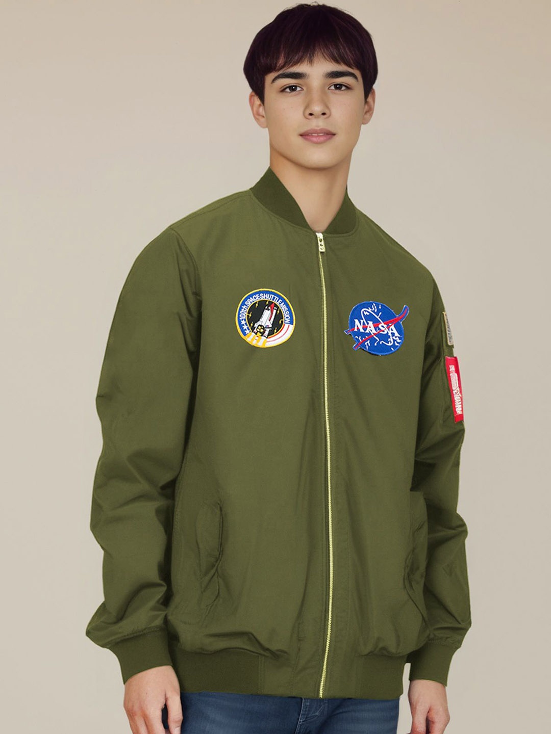 

StyleCast x Revolte Men Stand Collar NASA Graphic Patchwork Casual Bomber Jacket, Olive