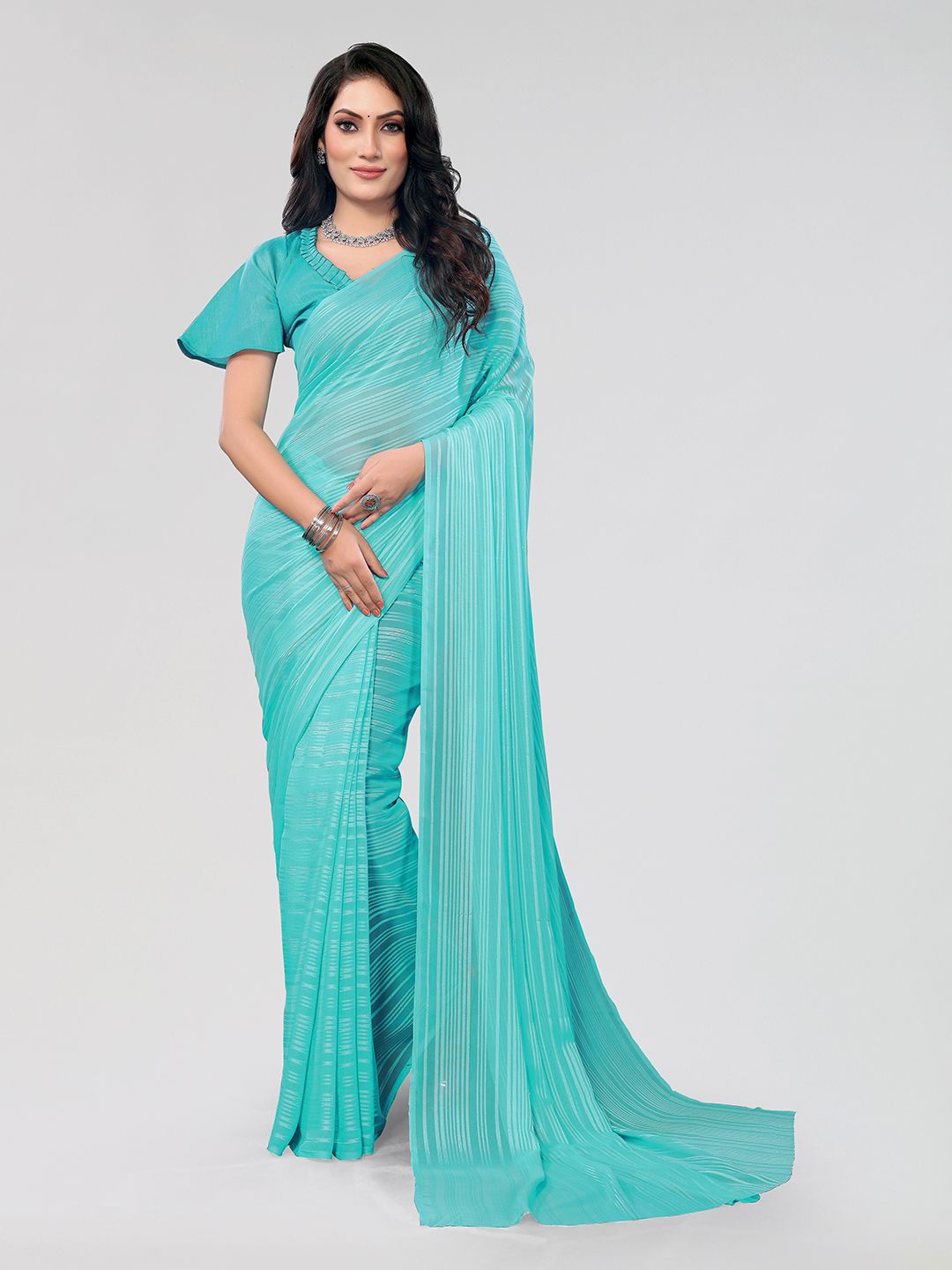 

Moda Rapido Striped Satin Saree, Blue