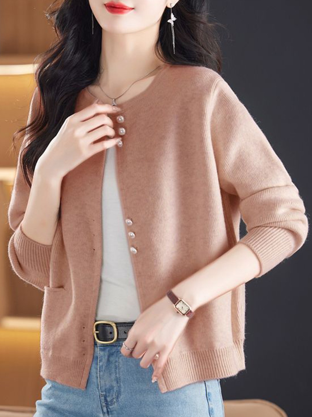 

StyleCast Women Solid Round Neck Front-Open Cardigan, Peach