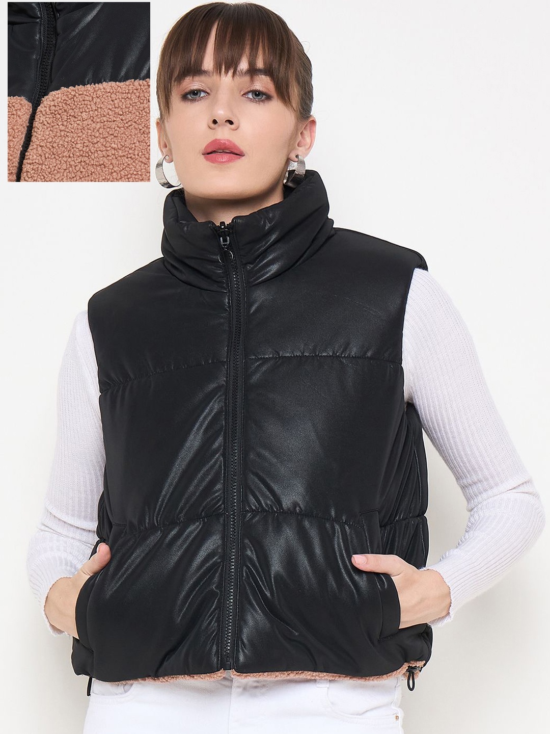 

Madame Women Mock Collar Solid Casual Quilted Jacket, Black