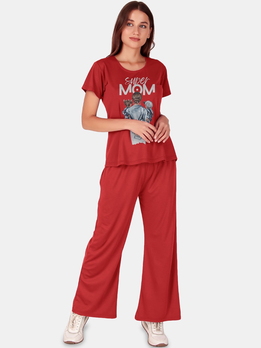 

Fasense Women Printed Tshirt With Trousers Co-Ords, Maroon