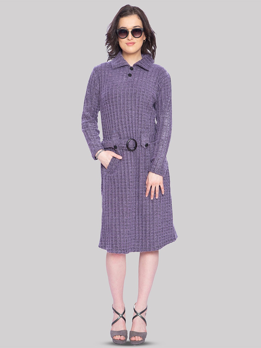 

HAUTEMODA Women Striped Woollen A-Line Midi Dress, Lavender