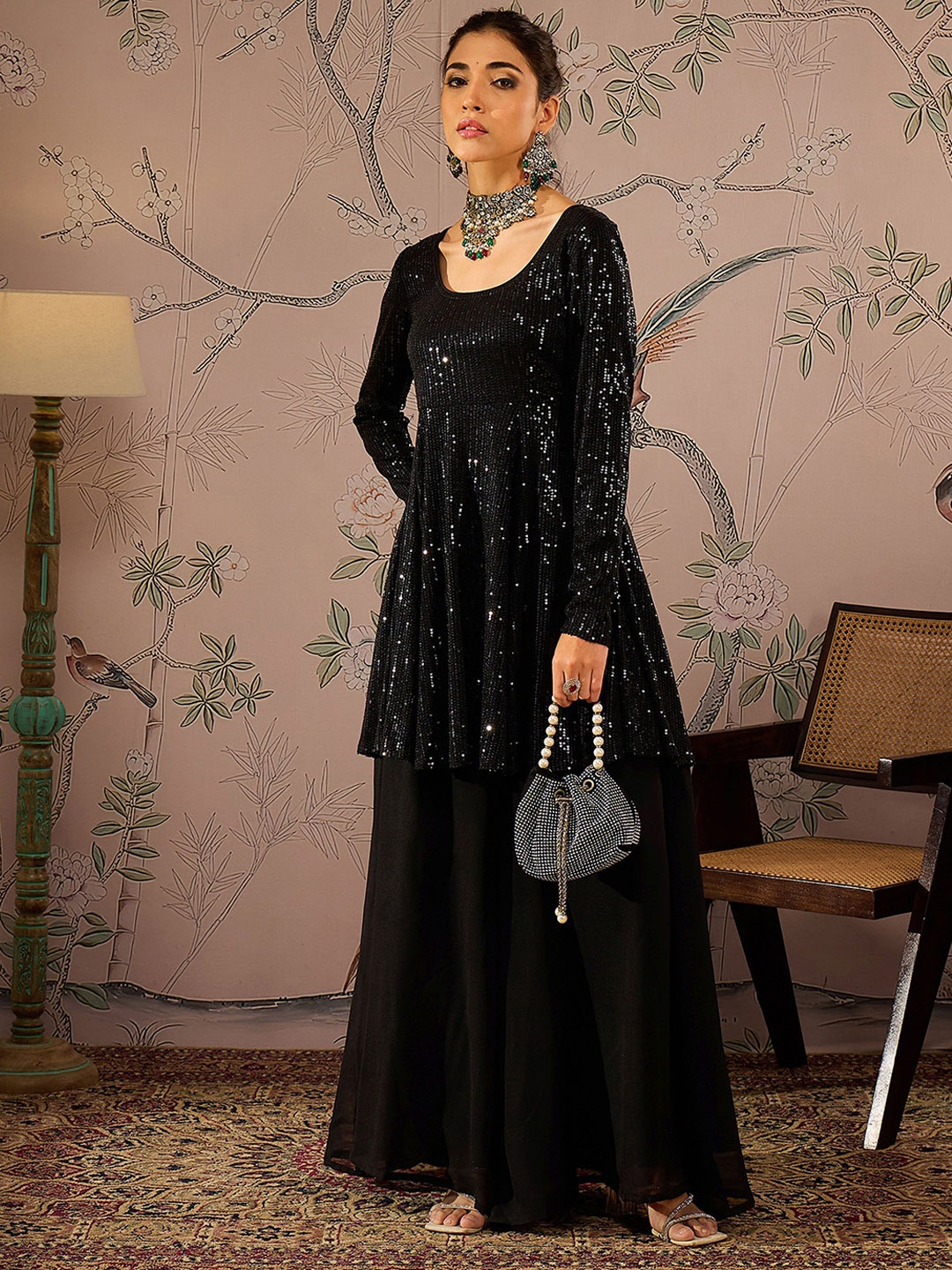

Shae by SASSAFRAS Embroidered Sequinned Kurta With Palazzos, Black