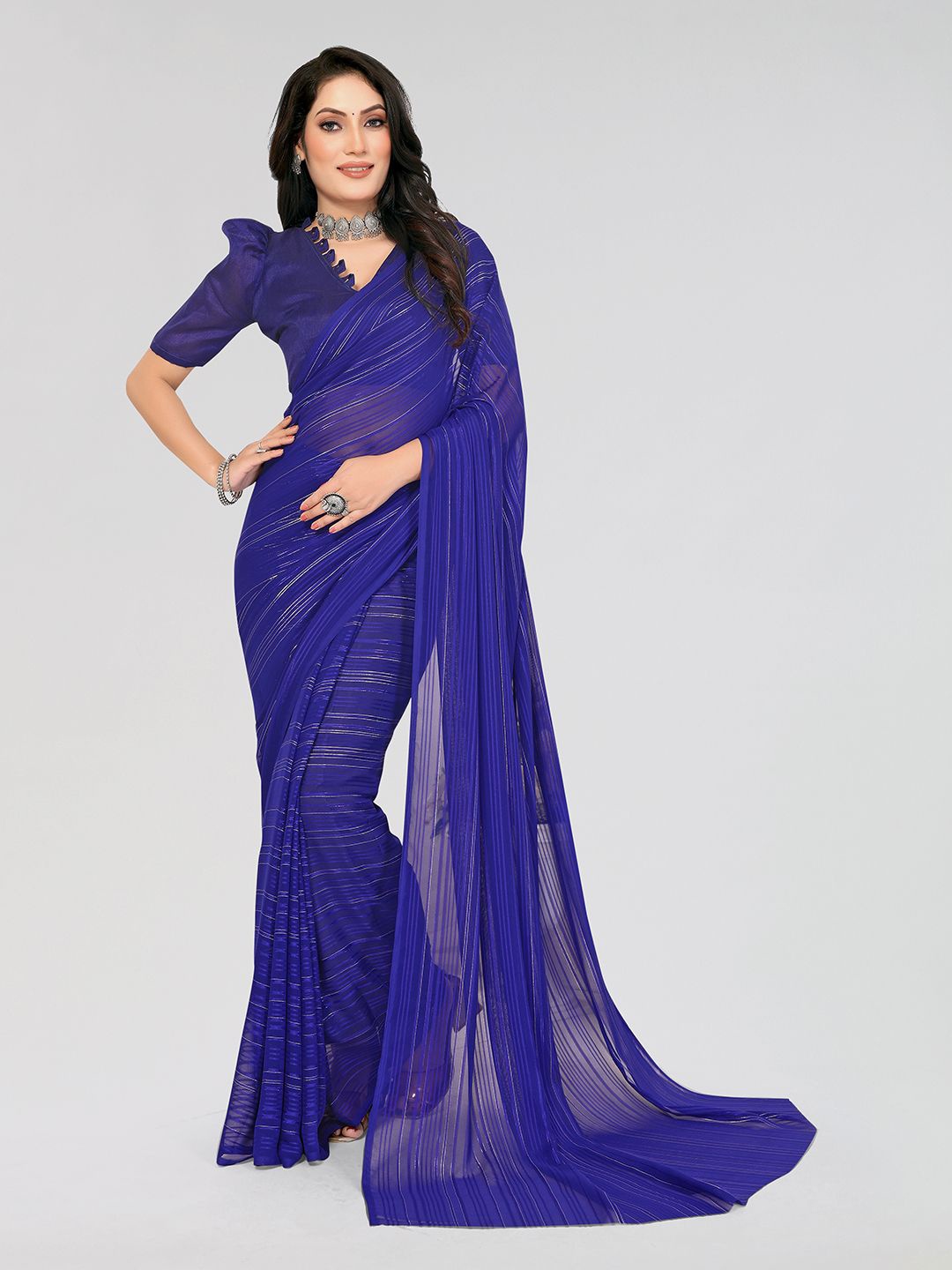 

Moda Rapido Striped Printed Satin Saree With Unstitched Blouse Piece, Blue