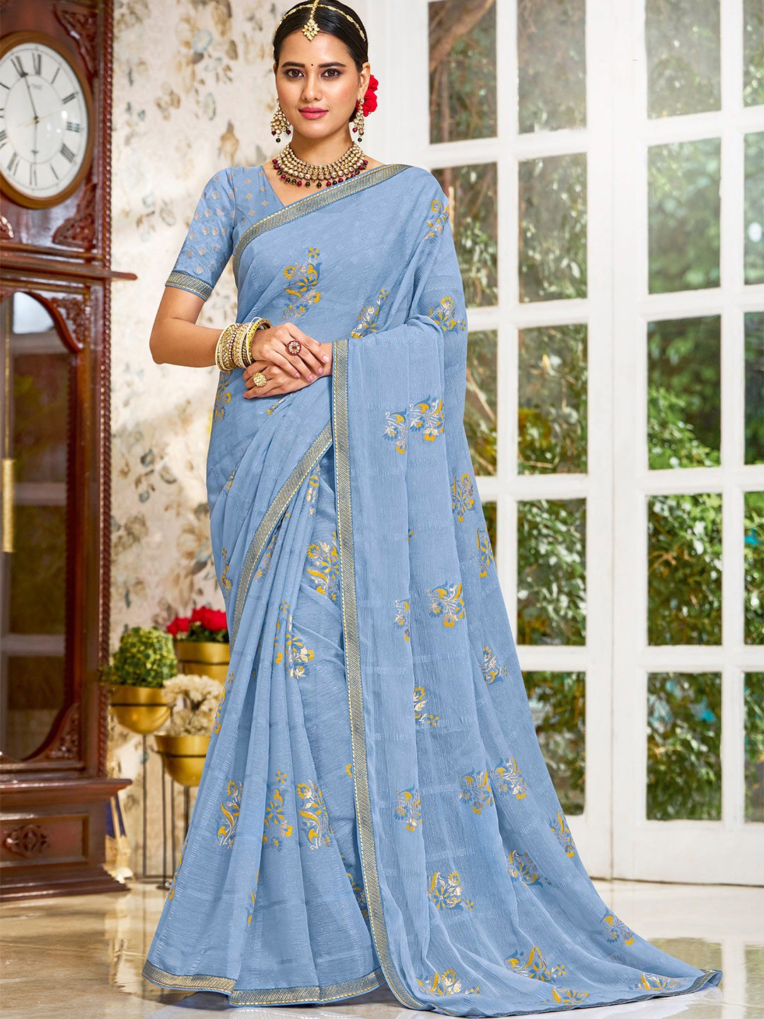 

Laxmipati Floral Printed Embroidered Designer Saree, Blue