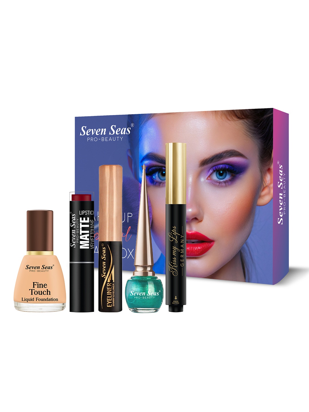 

Seven Seas Foundation Velvet Touch Lipstick Lip Balm & 2-Pcs Liquid Eyeliner Makeup Combo, Multi