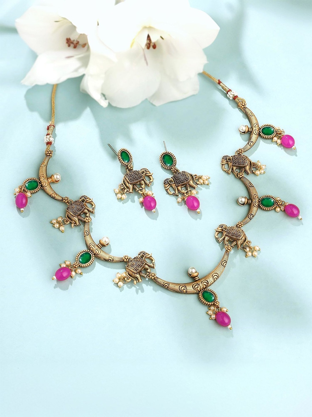 

Yellow Chimes Gold-Plated Beaded Temple Necklace and Earrings