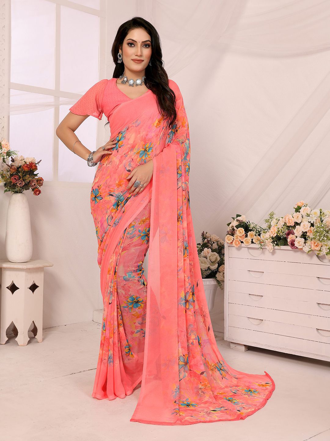 

ANAND SAREES Floral Poly Georgette Printed Saree With Unstitched Blouse Piece, Peach