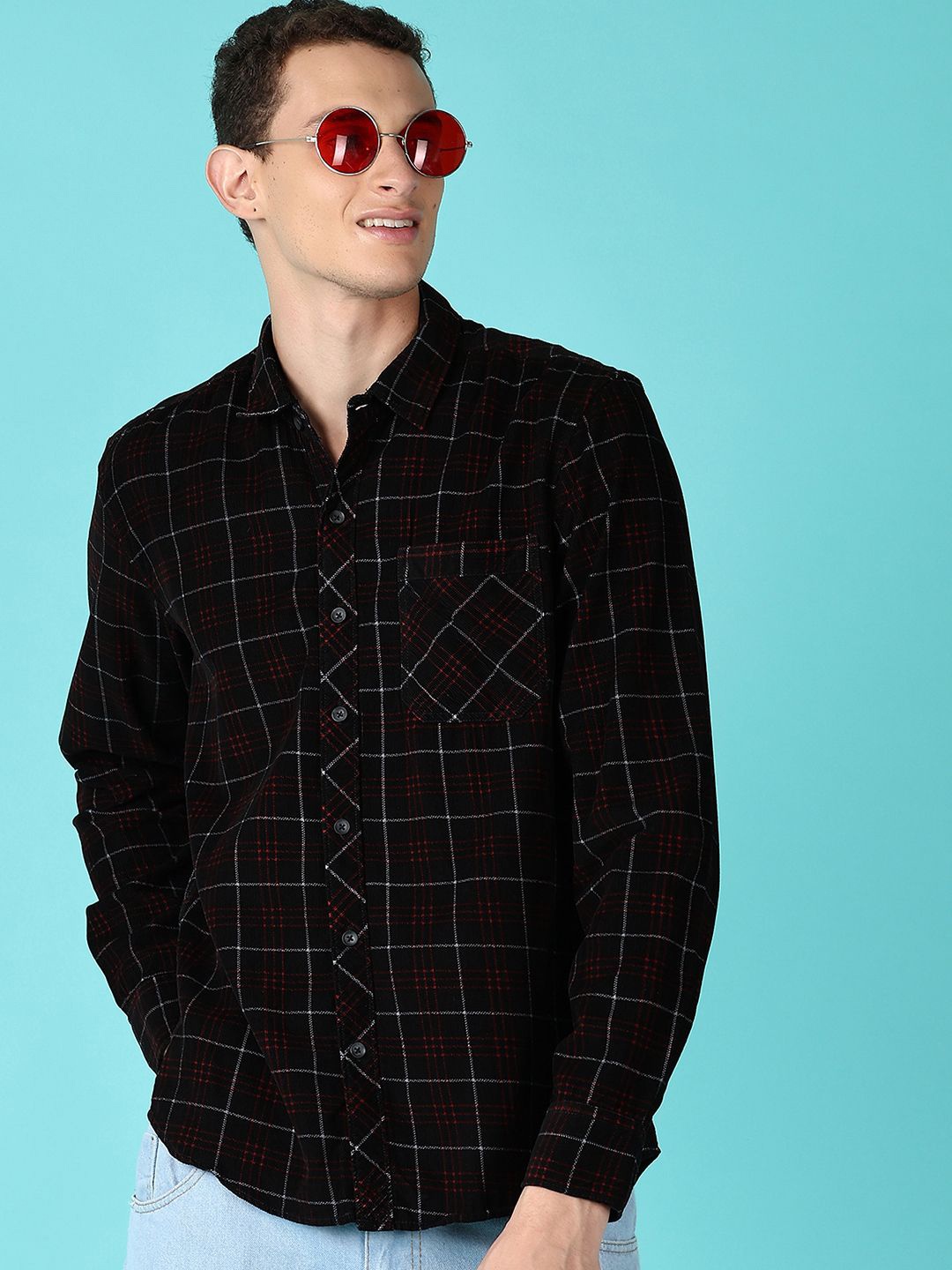 

V-Mart Men Spread Collar Windowpane Checked Cotton Casual Shirt, Black