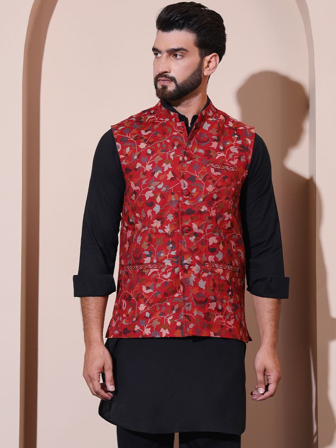 

Zamour Men Woven Design Nehru Jackets, Red