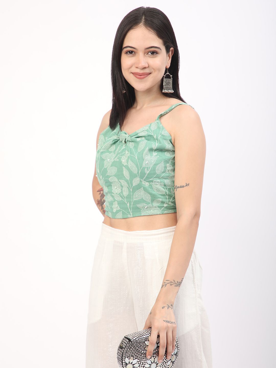 

R&B Women Floral Printed Shoulder Straps Cotton Crop Top, Green