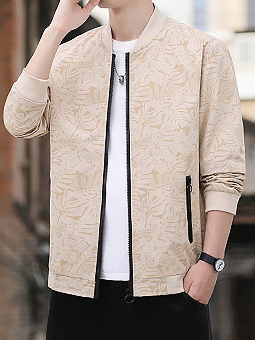 

StyleCast x Revolte Men Stand Collar Tropical Printed Casual Bomber Jacket, Beige