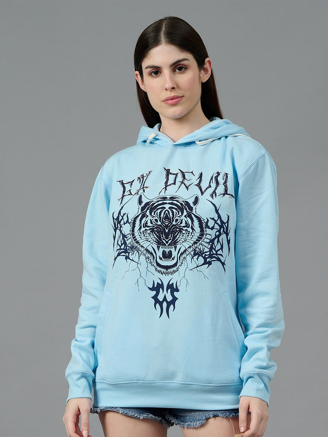 

GO DEVIL Women Graphic Printed Hooded Pullover Sweatshirt, Blue
