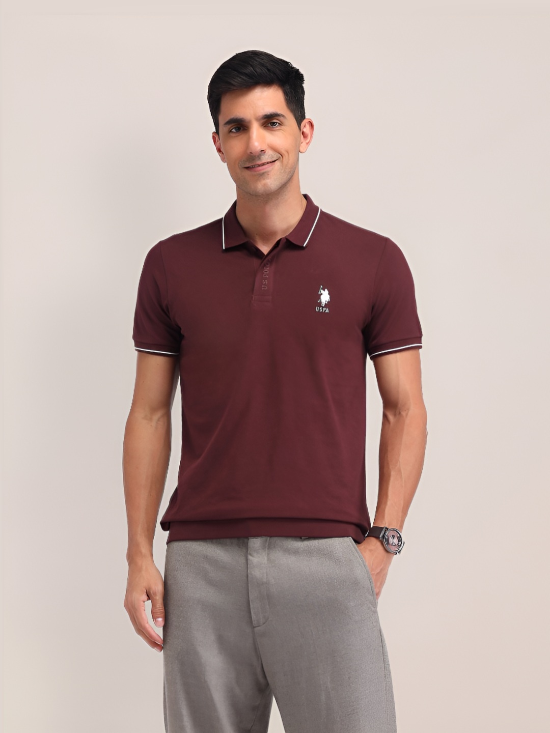 

U.S. Polo Assn. Men Solid Polo Collar Cotton Slim Fit T-shirt, Maroon