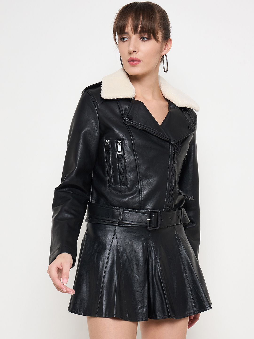 

Madame Women Lapel Collar Solid Casual Biker Jacket, Black