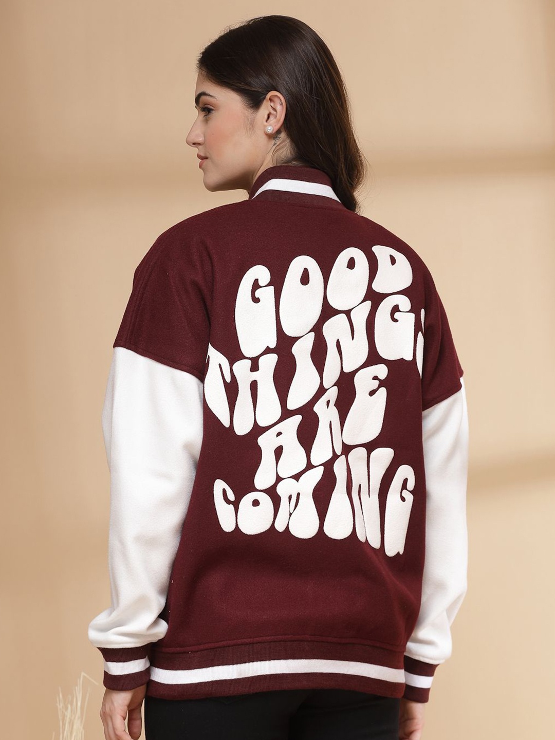 

CHKOKKO Women Stand Collar Typography Printed Fleece Casual Varsity Jacket, Maroon