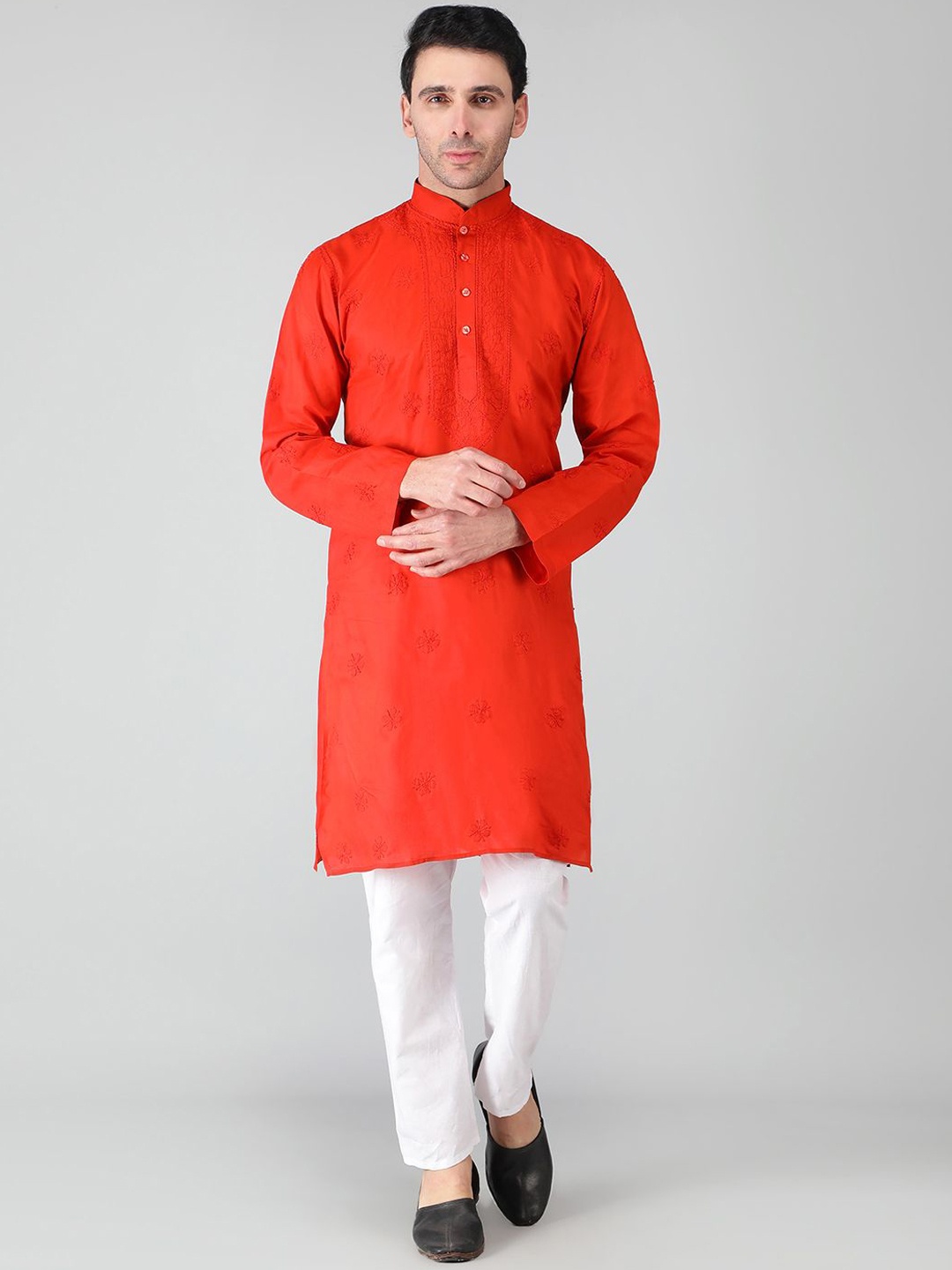 

Seva Chikan Mandarin Collar Ethnic Motifs Chikankari Cotton Kurta, Rust