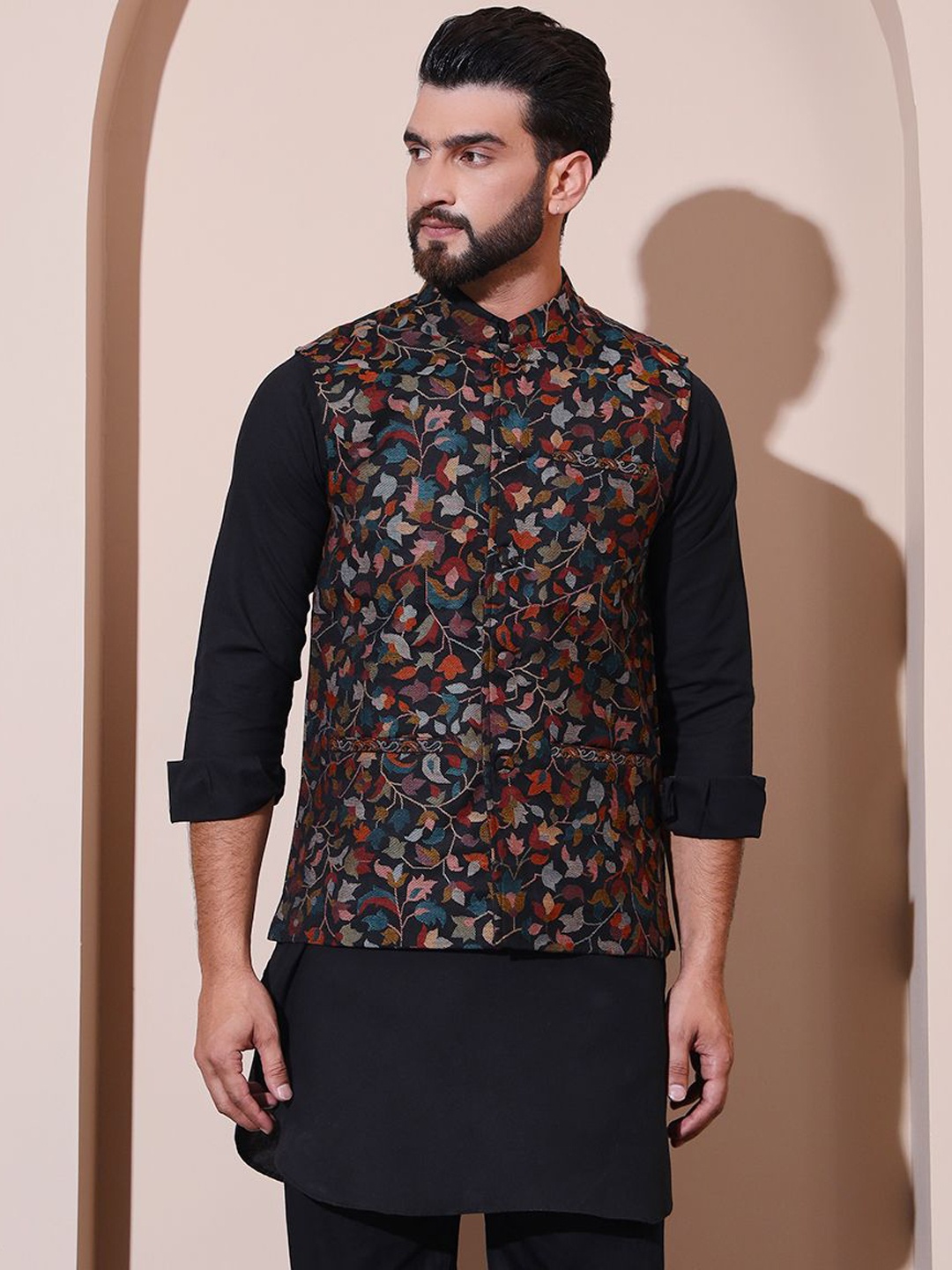 

Zamour Men Woven Design Nehru Jackets, Black