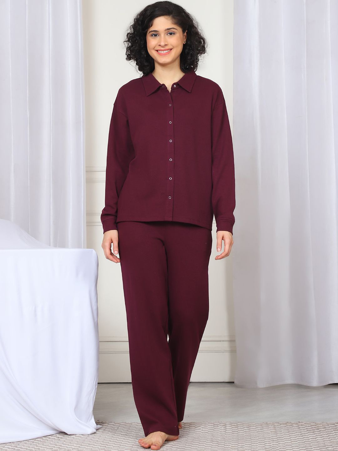 

Kanvin Women Shirt Collar Winter Night suit, Burgundy