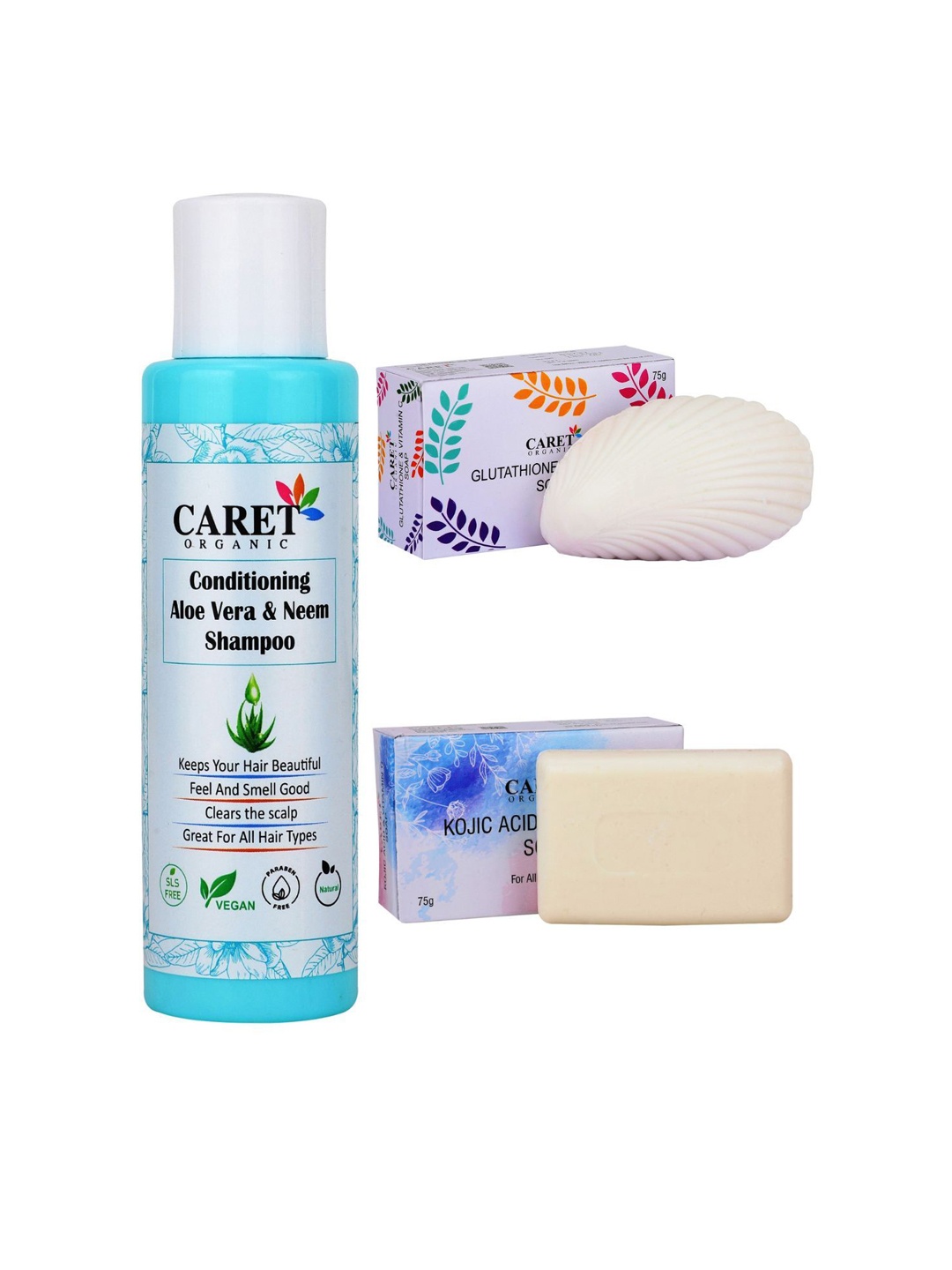 

CARET ORGANIC Set Of 3 Aloevera Neem Shampoo With Kojic Acid & Vitamin C Soap, White