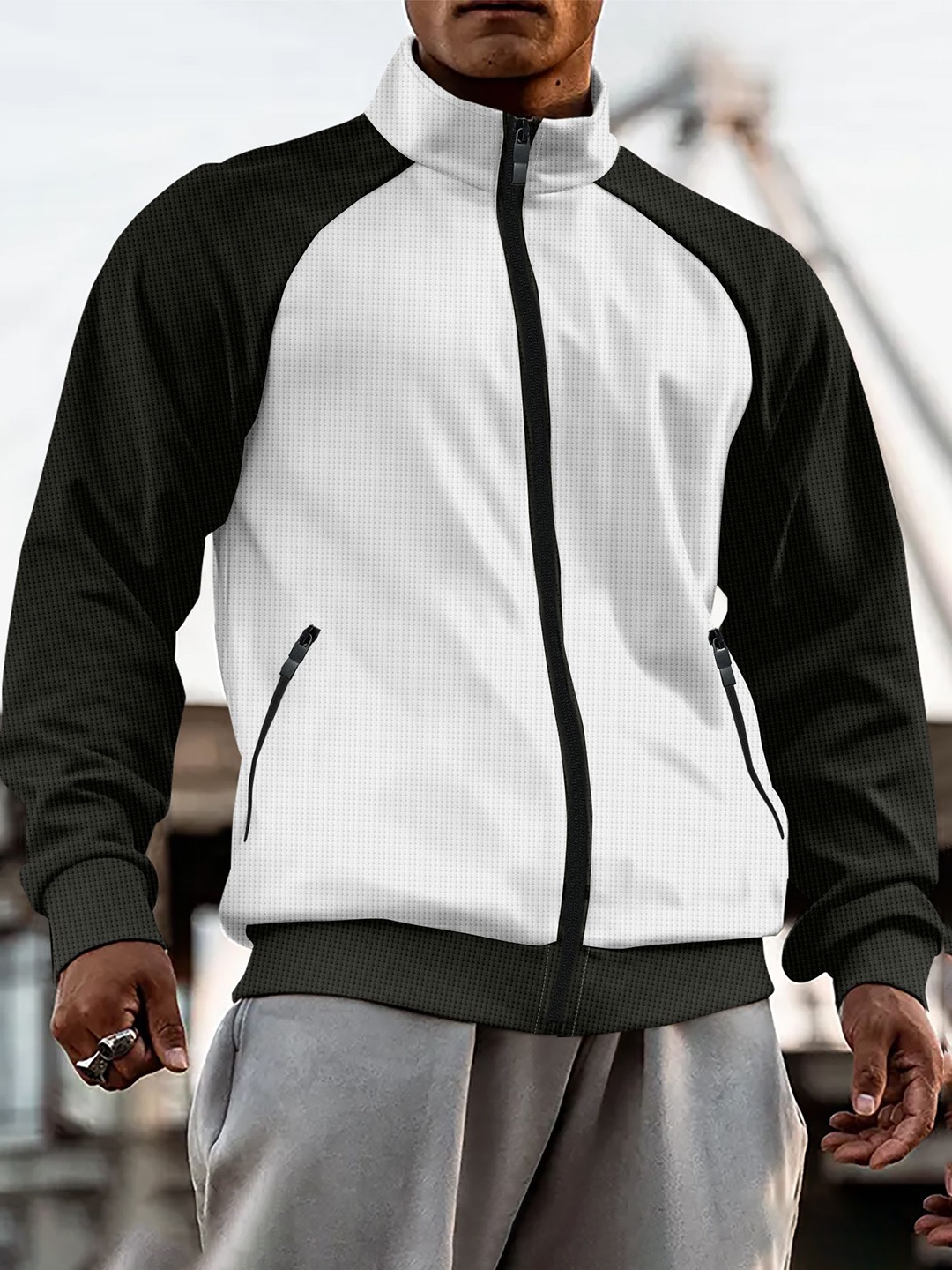 

StyleCast x Revolte Men Mock Collar Colourblocked Casual Bomber Jacket, White