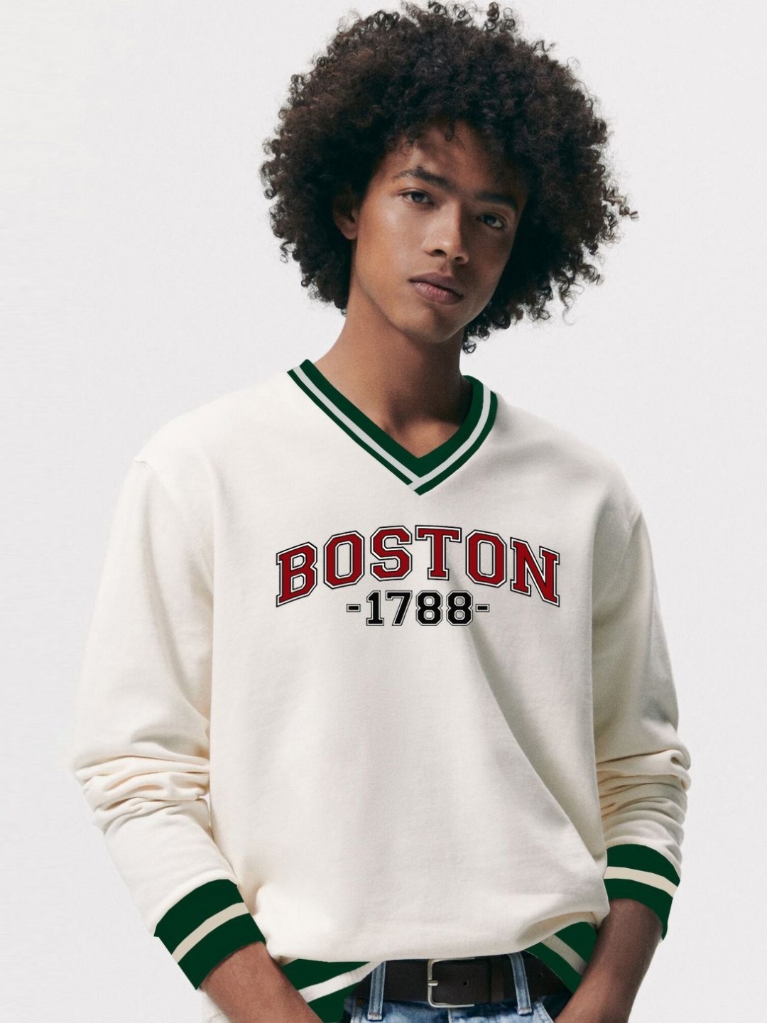 

Genzy Men Varsity Printed V-Neck Oversized T-shirt, White