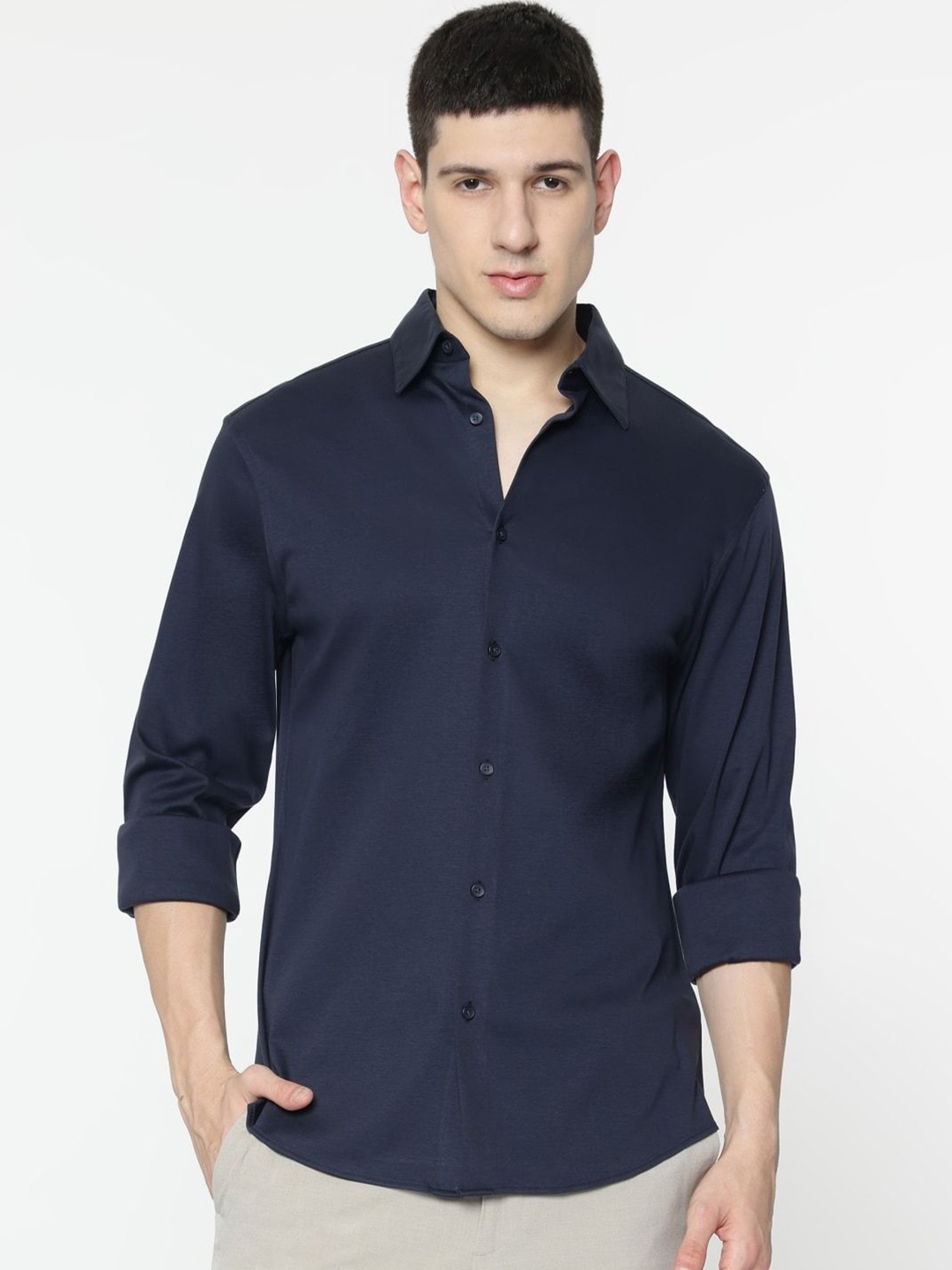 

Marks & Spencer Men Spread Collar Solid Cotton Slim Fit Casual Shirt, Navy blue