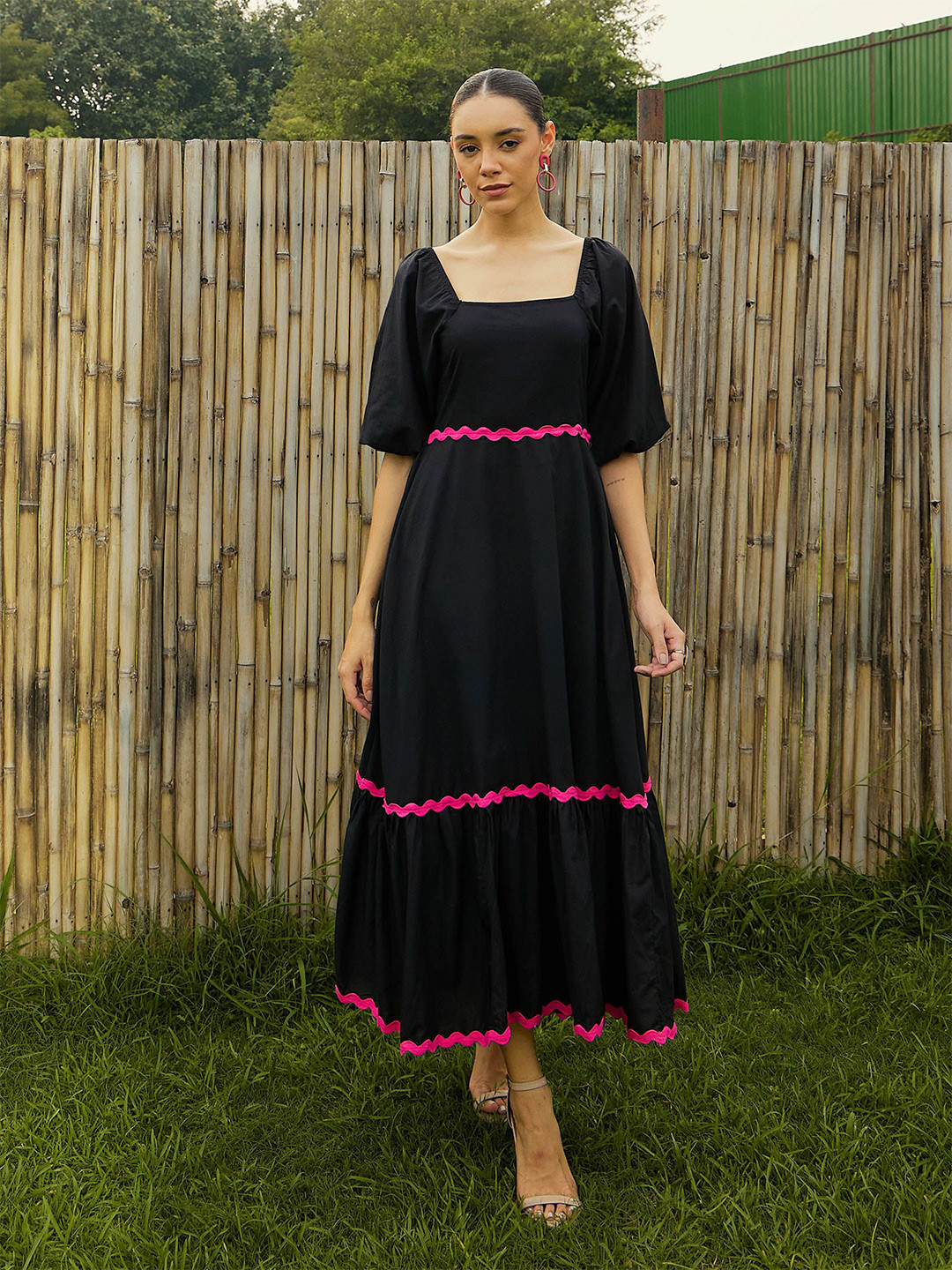 

Pink Paprika by SASSAFRAS Women Square Neck Maxi Cotton Dress, Black