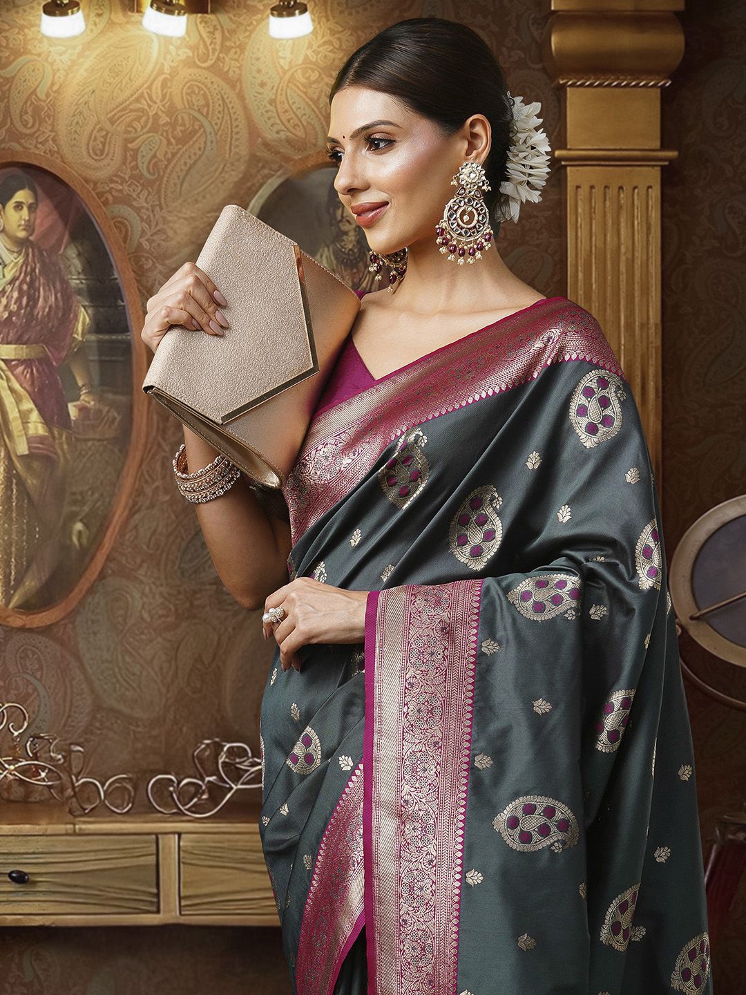 

Sangria Women Banarasi Woven-Designed Ethnic Motifs Traditional Sarees With Blouse Piece, Grey