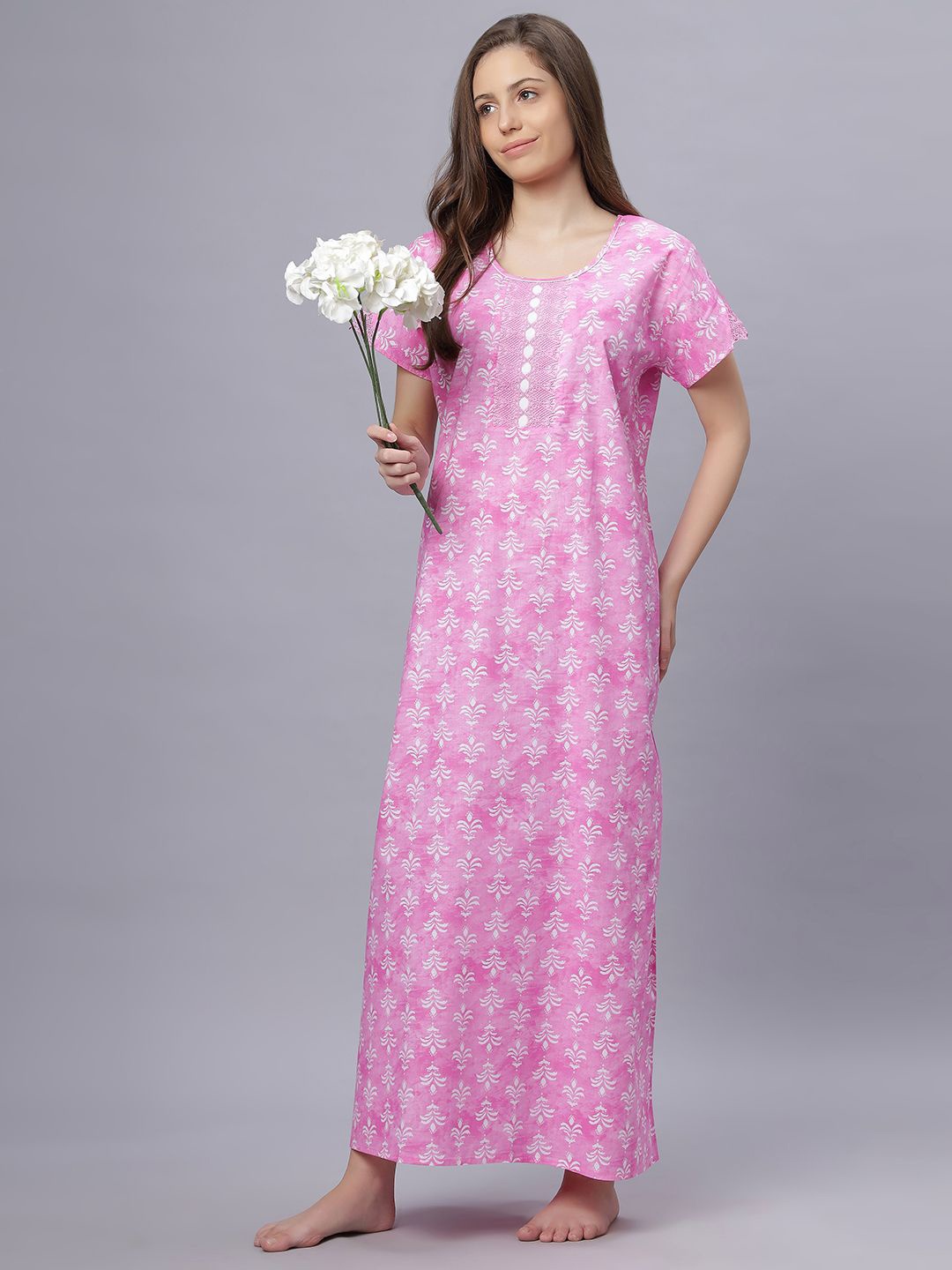 

QUIRA Women Ethnic Motifs Printed Round Neck Maxi Nightdress, Pink