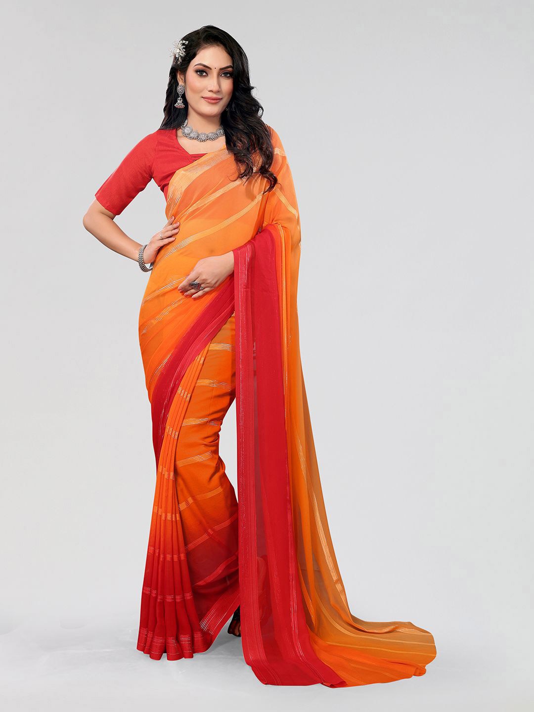 

Moda Rapido Striped Saree With Unstitched Blouse Piece, Red