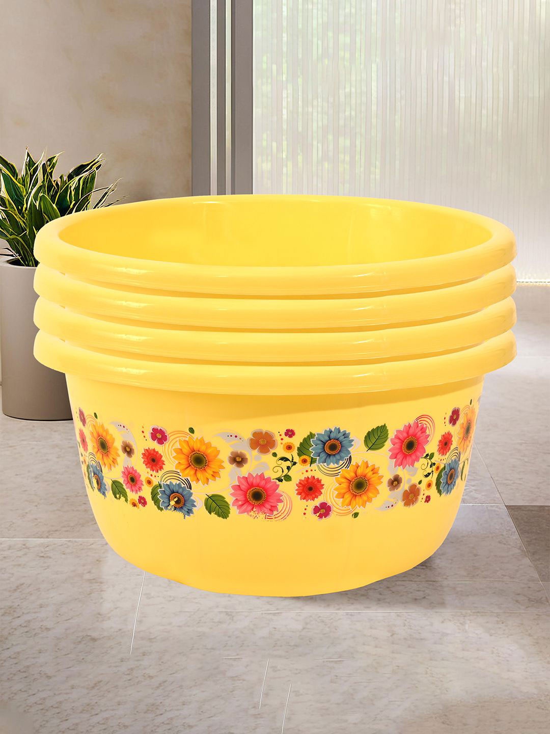 

Kuber Industries Yellow & Pink 4 Pieces Floral Printed Bath Tubs 40 L Each