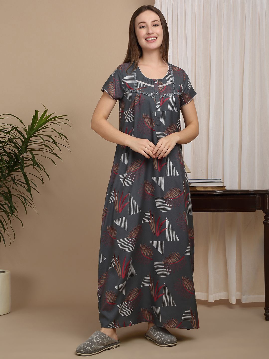 

Sweet Dreams Women Printed Pure Cotton Maxi Nightdress, Grey