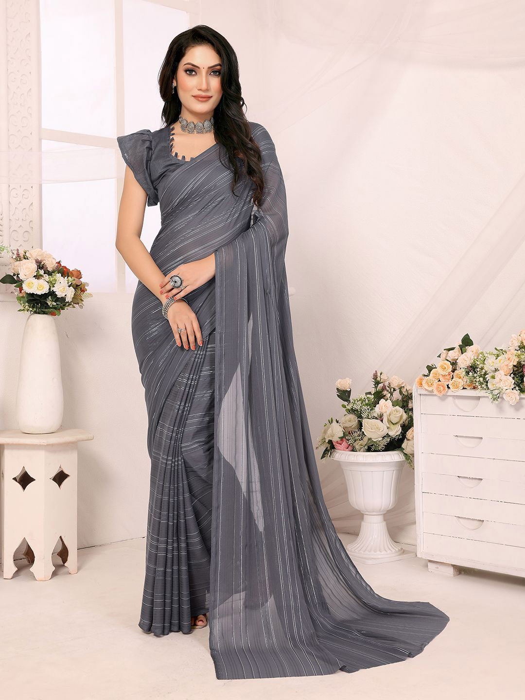 

Moda Rapido Striped Satin Saree, Grey