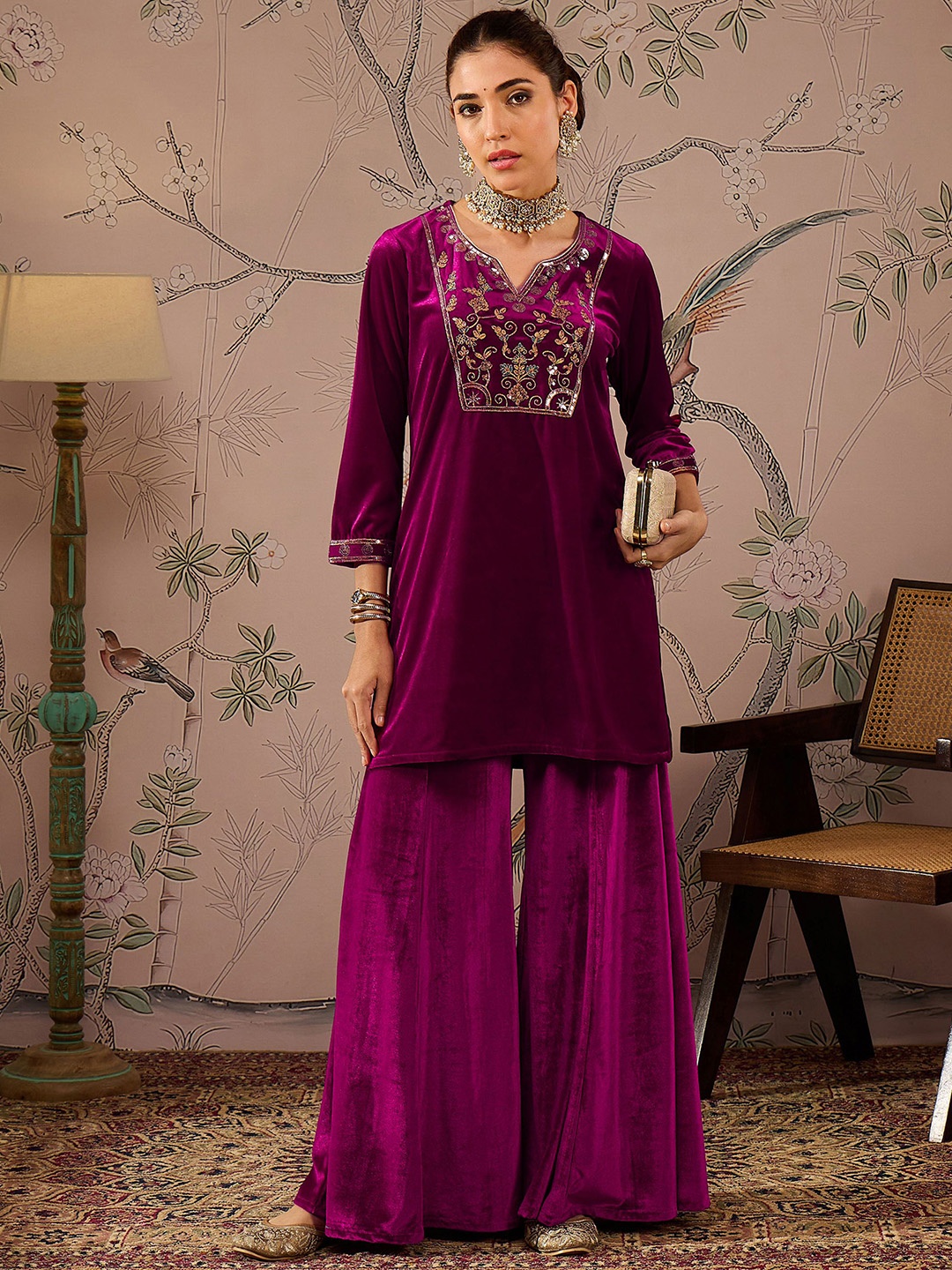 

Shae by SASSAFRAS Floral Yoke Design Thread Work Velvet Kurti with Trouser, Fuchsia