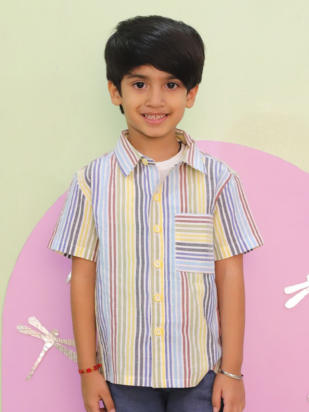 

The Mom Store Boys Spread Collar Multi Striped Cotton Casual Shirt, Blue
