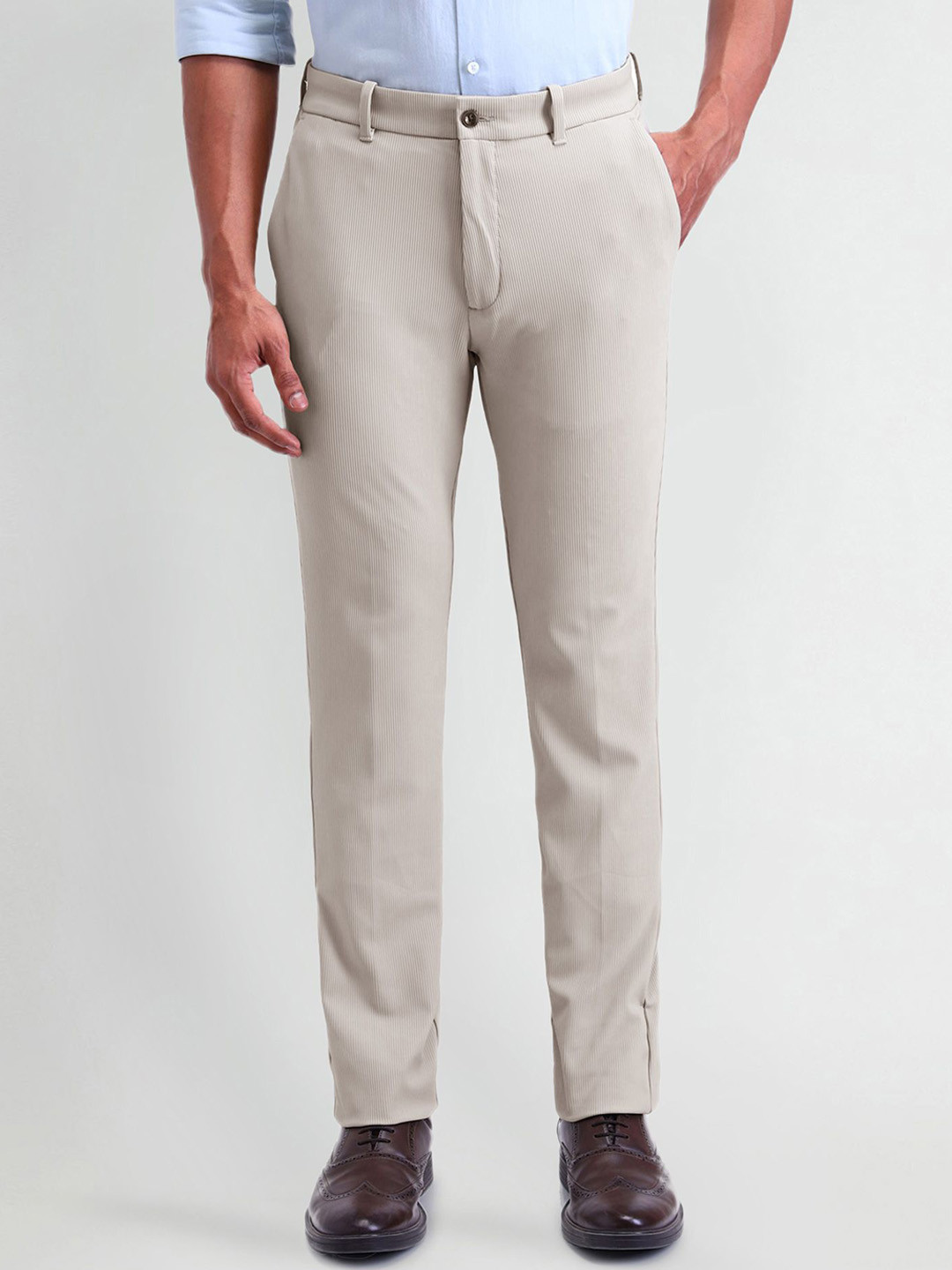 

Arrow New York Men Self Design Urban Slim Slim Fit Mid Rise Trousers, Beige
