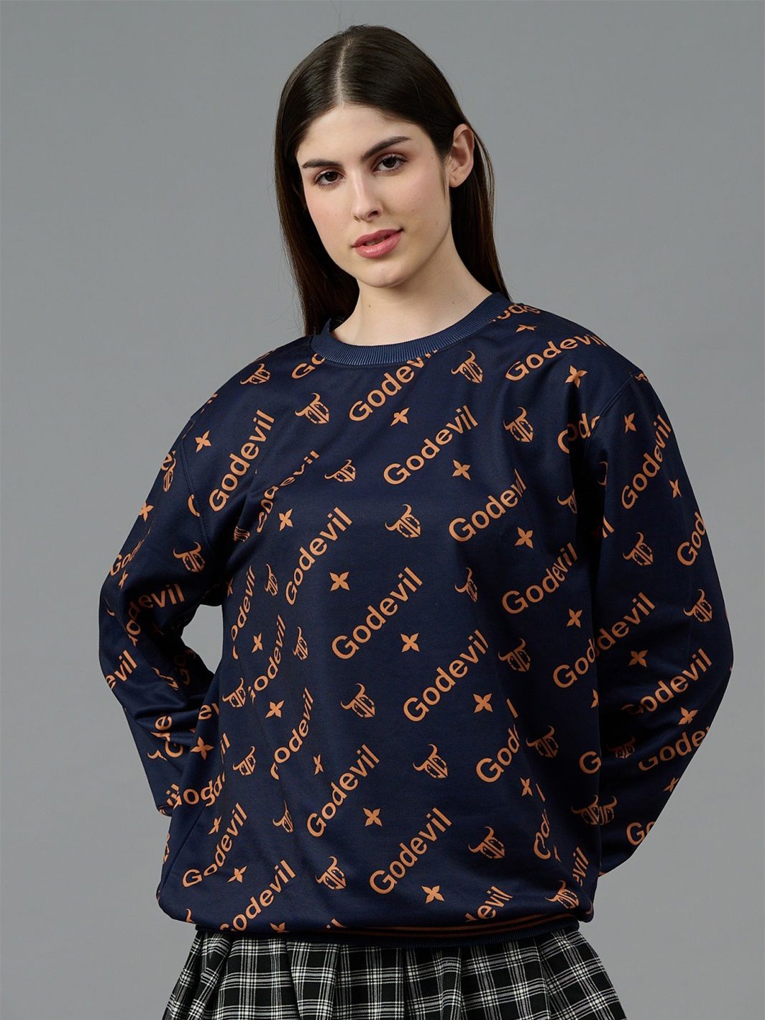 

GO DEVIL Women Printed Pullover Sweatshirt, Navy blue