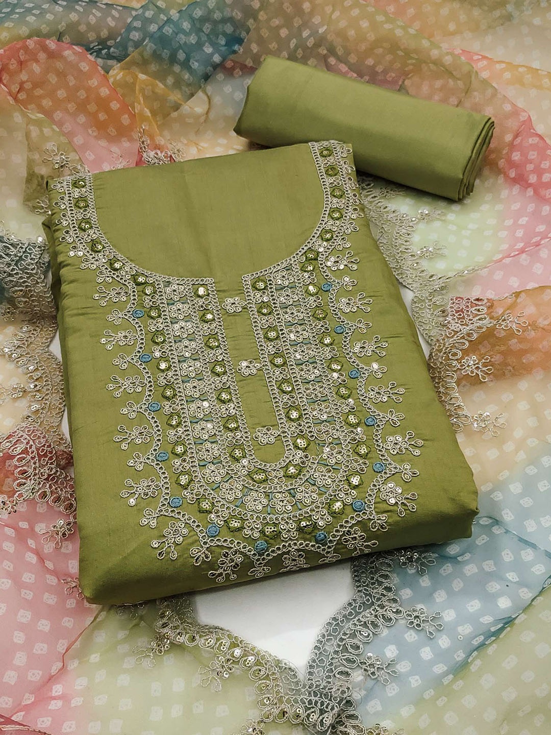 

Peachmode Ethnic Motifs Embroidered Sequinned Unstitched Dress Material, Green