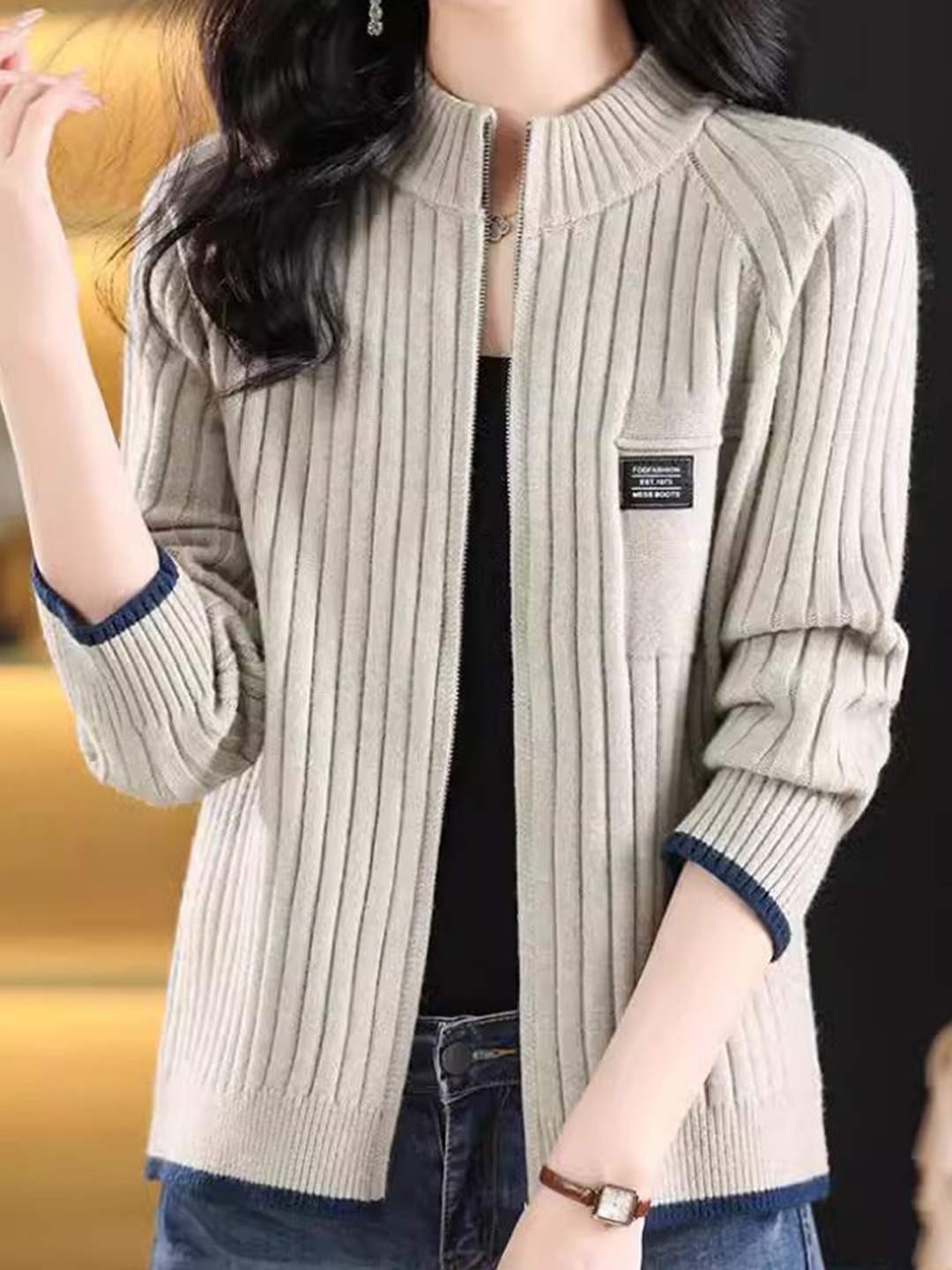 

StyleCast Women Cable Knit with Zip Detail Detail Sweater, Beige