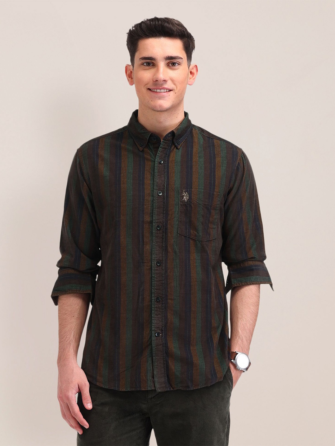 

U.S. Polo Assn. Men Classic Tailored Fit Opaque Striped Casual Shirt, Brown