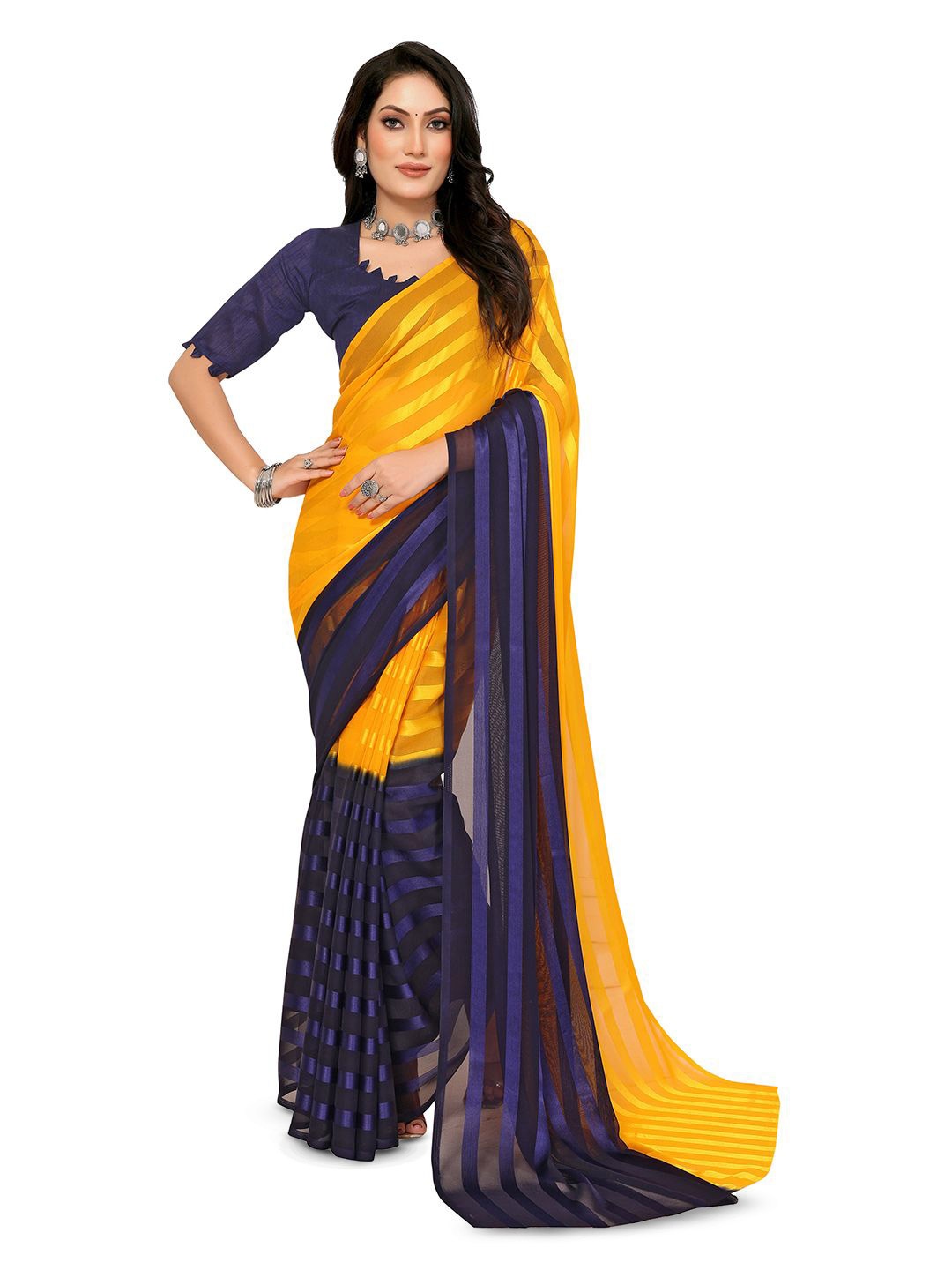 

Moda Rapido Striped Printed Satin Saree With Unstitched Blouse Piece, Yellow