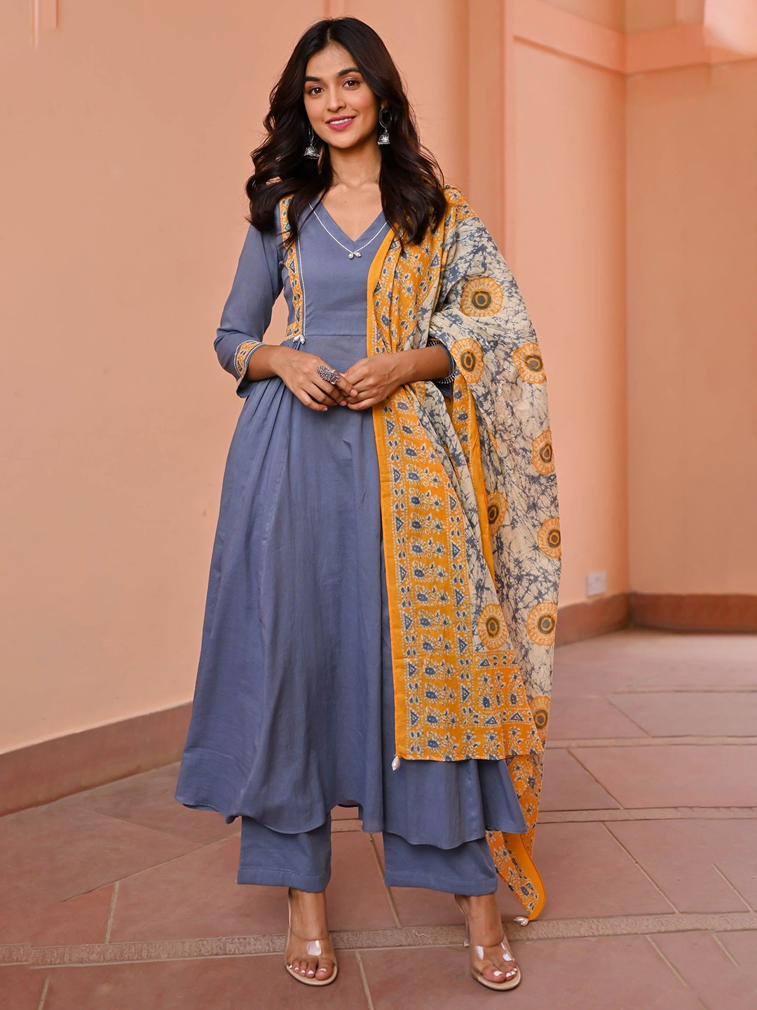 

Bunaai Printed Pleated Beads and Stones Kurta with Pyjama & Dupatta, Blue