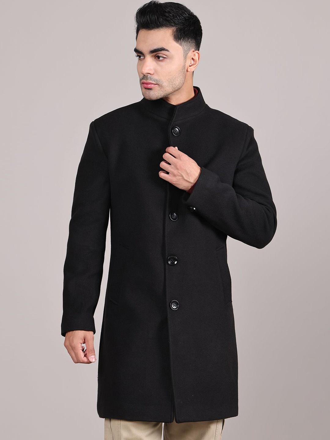 

HOUSE OF VEDAS Men Single-Breasted Stand Collar Long Seeves Overcoat, Black